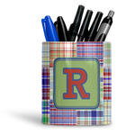 Blue Madras Plaid Print Ceramic Pen Holder