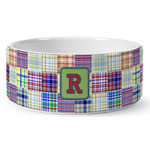 Blue Madras Plaid Print Ceramic Dog Bowl (Personalized)