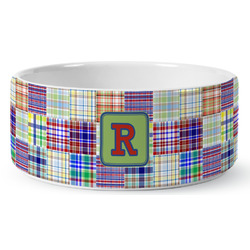 Blue Madras Plaid Print Ceramic Dog Bowl - Large (Personalized)
