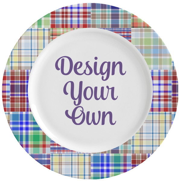 Custom Blue Madras Plaid Print Ceramic Dinner Plates (Set of 4) (Personalized)