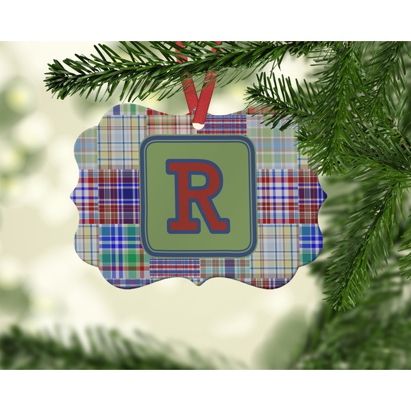 Blue Madras Plaid Print Christmas Ornament (On Tree)