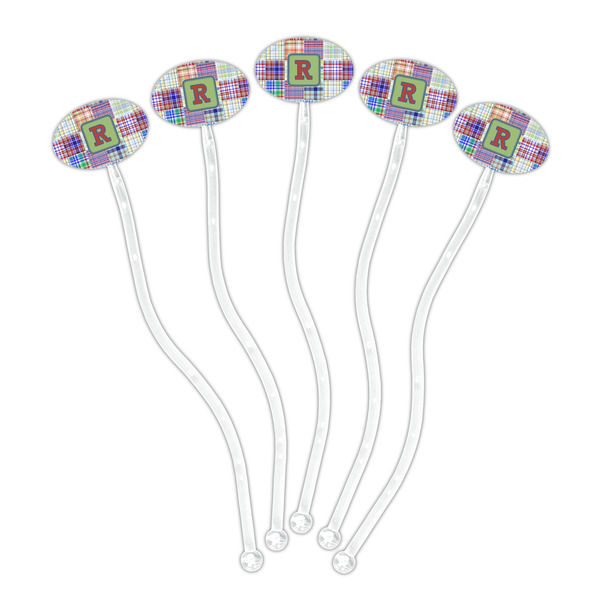 Blue Madras Plaid Print Clear Plastic 7" Stir Stick - Oval - Fan