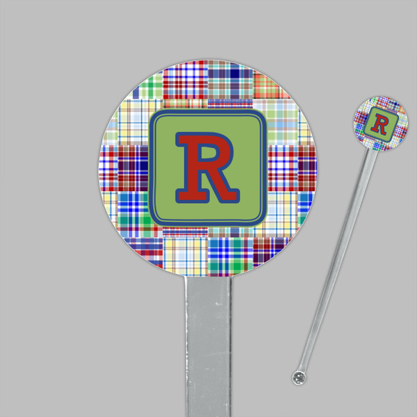 Blue Madras Plaid Print Clear Plastic 7" Stir Stick - Round - Closeup