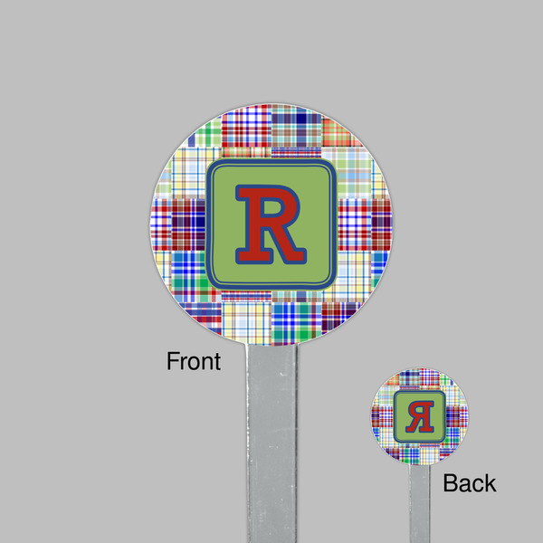 Blue Madras Plaid Print Clear Plastic 7" Stir Stick - Round - Front & Back