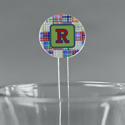 Blue Madras Plaid Print 5.5" Round Plastic Stir Sticks - Clear (Personalized)