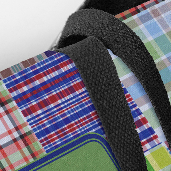 Blue Madras Plaid Print Closeup of Tote w/Black Handles