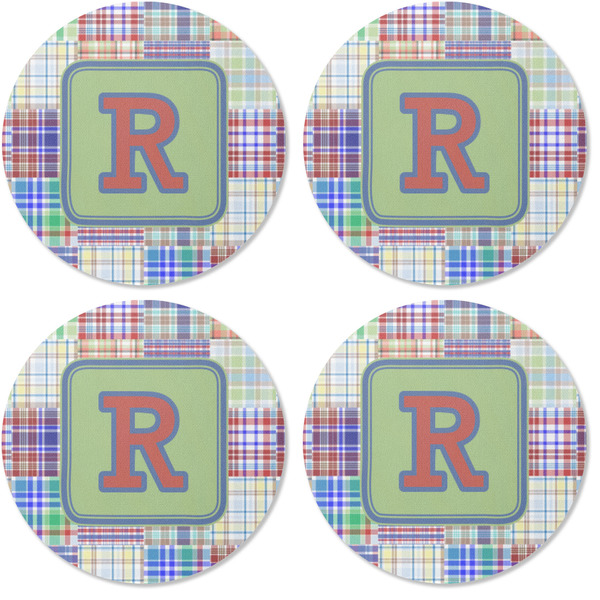 Blue Madras Plaid Print Coaster Round Rubber Back - Apvl