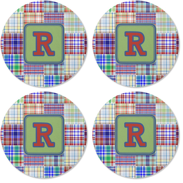 Blue Madras Plaid Print Coaster Round Rubber Back - Apvl