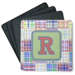 Blue Madras Plaid Print Square Rubber Backed Coasters - Set of 4 (Personalized)