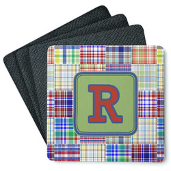 Blue Madras Plaid Print Square Rubber Backed Coasters - Set of 4 (Personalized)