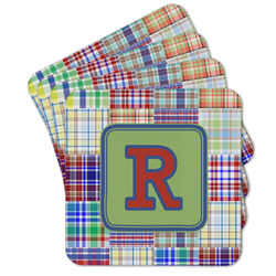 Blue Madras Plaid Print Cork Coaster - Set of 4 w/ Initial