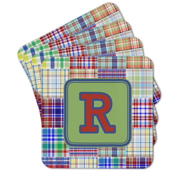 Custom Blue Madras Plaid Print Cork Coaster - Set of 4 w/ Initial