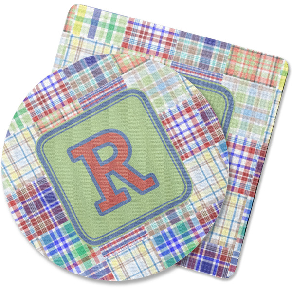Custom Blue Madras Plaid Print Rubber Backed Coaster (Personalized)