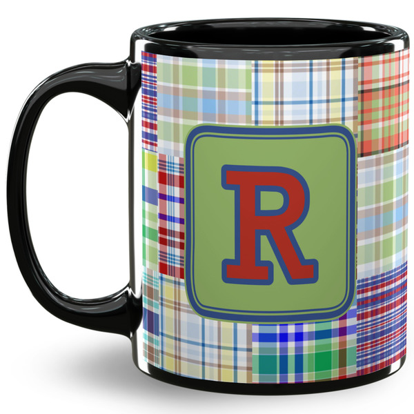 Custom Blue Madras Plaid Print 11 Oz Coffee Mug - Black (Personalized)