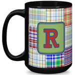 Blue Madras Plaid Print 15 Oz Coffee Mug - Black (Personalized)