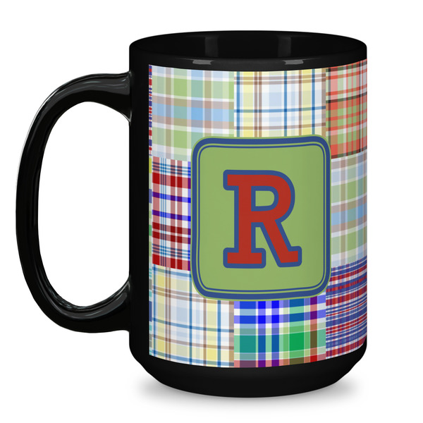 Blue Madras Plaid Print Coffee Mug - 15 oz - Black