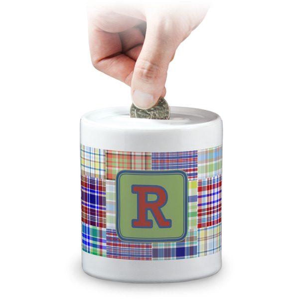 Custom Blue Madras Plaid Print Coin Bank (Personalized)