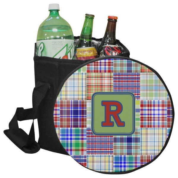 Custom Blue Madras Plaid Print Collapsible Cooler & Seat (Personalized)