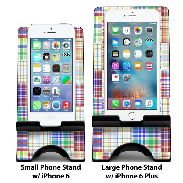 Blue Madras Plaid Print Compare Phone Stand Sizes - with iPhones