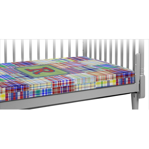 Custom Blue Madras Plaid Print Crib Fitted Sheet w/ Initial