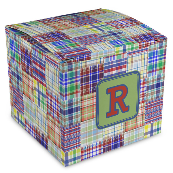 Custom Blue Madras Plaid Print Cube Favor Gift Boxes (Personalized)