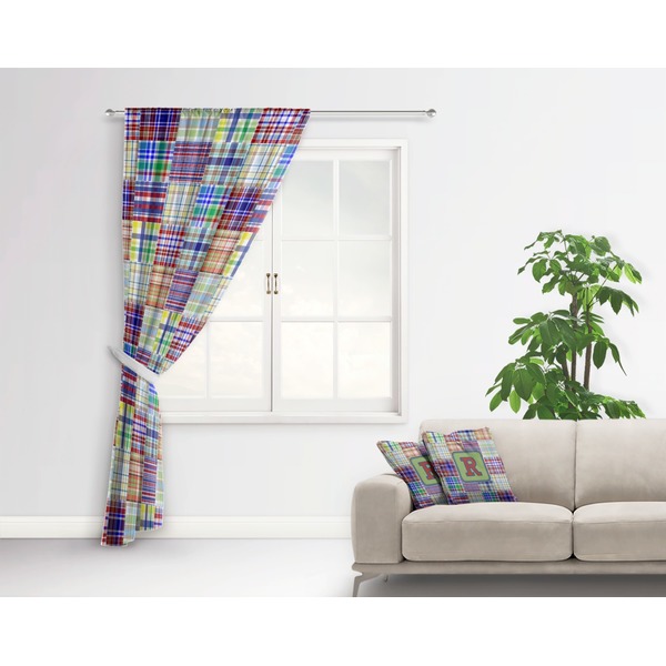 Blue Madras Plaid Print Curtain With Window and Rod - in Room Matching Pillow