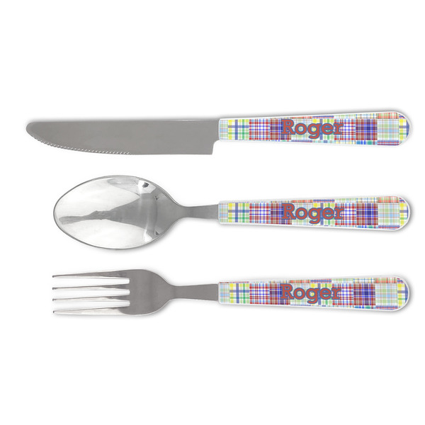 Custom Blue Madras Plaid Print Cutlery Set (Personalized)
