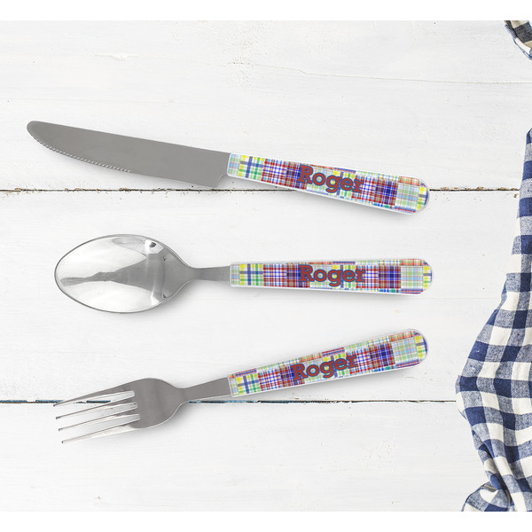 Blue Madras Plaid Print Cutlery Set - w/ PLATE