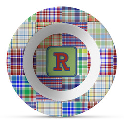 Blue Madras Plaid Print Plastic Bowl - Microwave Safe - Composite Polymer (Personalized)