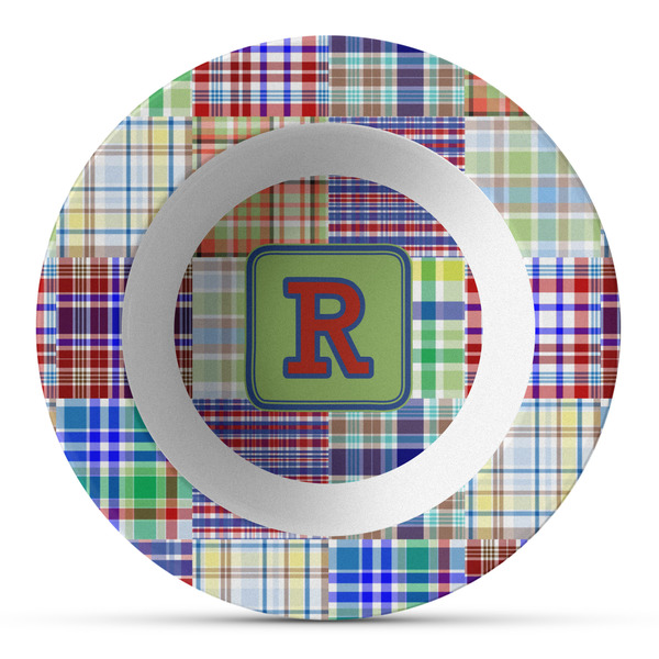 Custom Blue Madras Plaid Print Plastic Bowl - Microwave Safe - Composite Polymer (Personalized)