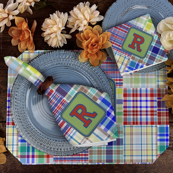 Blue Madras Plaid Print Dining Set