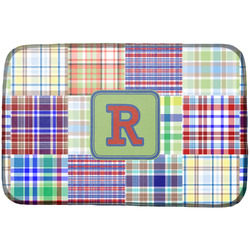 Blue Madras Plaid Print Dish Drying Mat w/ Initial