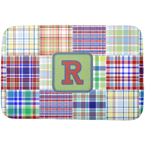 Custom Blue Madras Plaid Print Dish Drying Mat w/ Initial