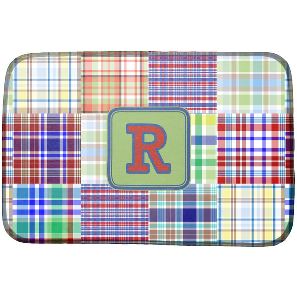 Custom Blue Madras Plaid Print Dish Drying Mat w/ Initial