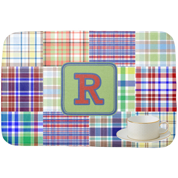 Blue Madras Plaid Print Dish Drying Mat - with cup