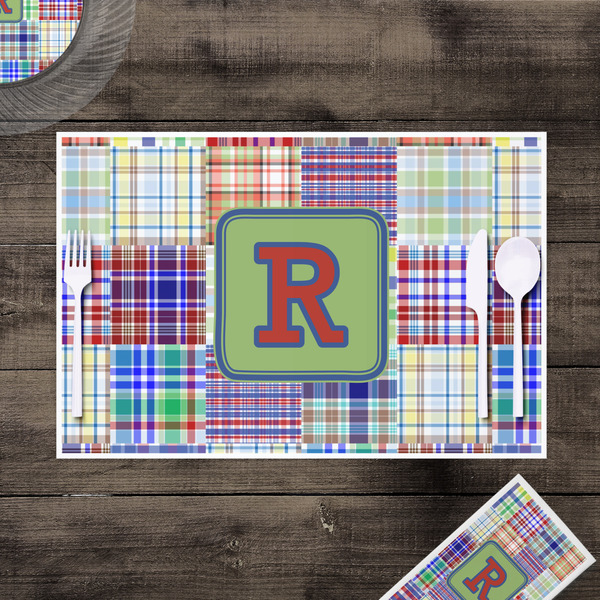 Blue Madras Plaid Print Disposable Paper Placemat - In Context