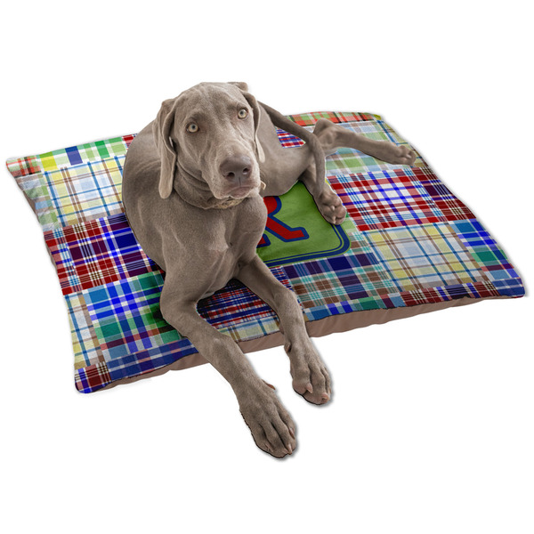 Custom Blue Madras Plaid Print Dog Bed - Large w/ Initial