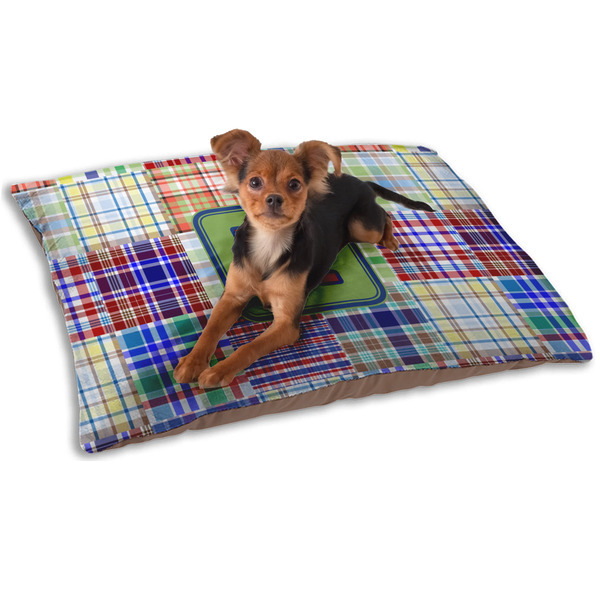 Custom Blue Madras Plaid Print Dog Bed - Small w/ Initial