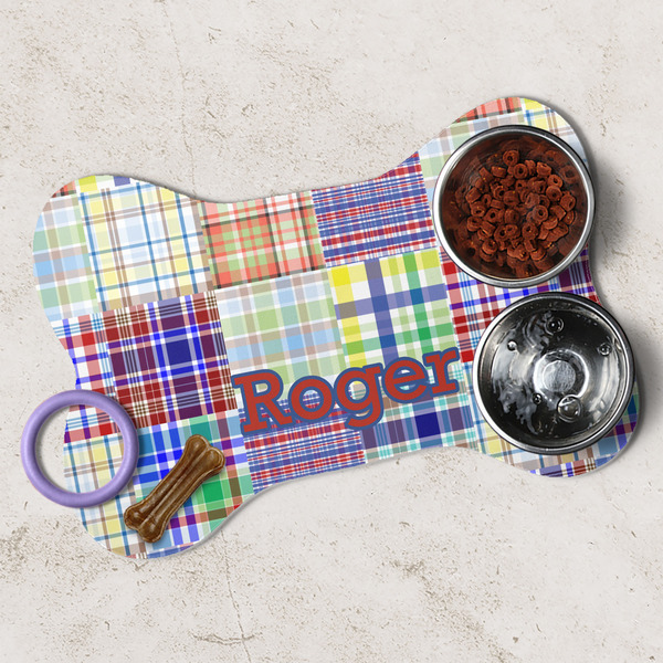 Blue Madras Plaid Print Dog Bone Shaped Mat Lifestyle