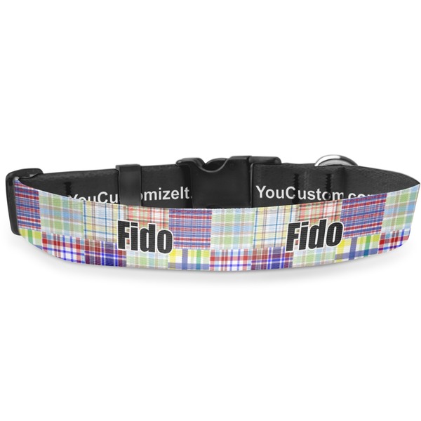 Custom Blue Madras Plaid Print Deluxe Dog Collar - Small (8.5" to 12.5") (Personalized)