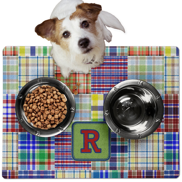 Custom Blue Madras Plaid Print Dog Food Mat - Medium w/ Initial