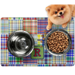 Blue Madras Plaid Print Dog Food Mat - Small w/ Initial