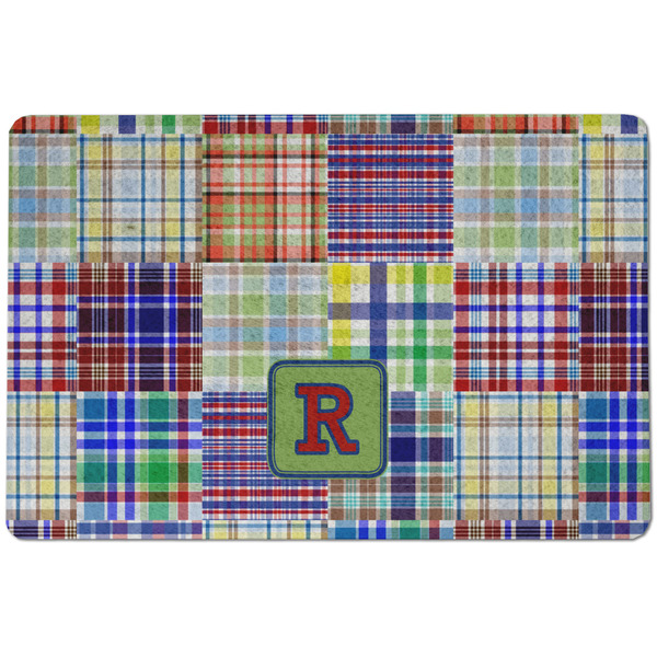 Blue Madras Plaid Print Dog Food Mat - Small without bowls