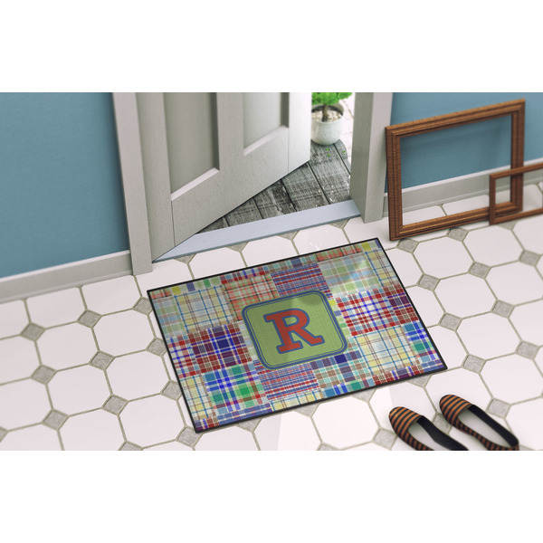 Blue Madras Plaid Print Door Mat Lifestyle
