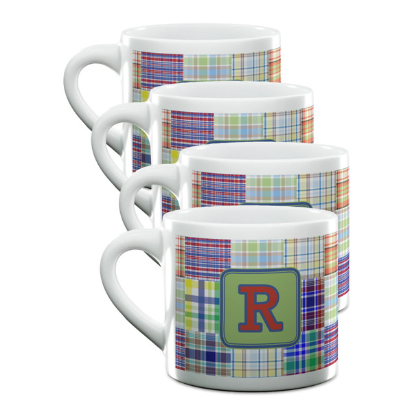 Custom Blue Madras Plaid Print Double Shot Espresso Cups - Set of 4 (Personalized)