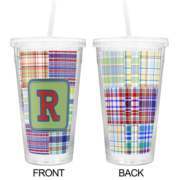Blue Madras Plaid Print Double Wall Tumbler with Straw - Approval