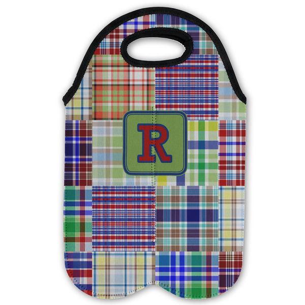 Blue Madras Plaid Print Double Wine Tote - Flat (new)