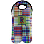 Blue Madras Plaid Print Wine Tote Bag (2 Bottles) (Personalized)