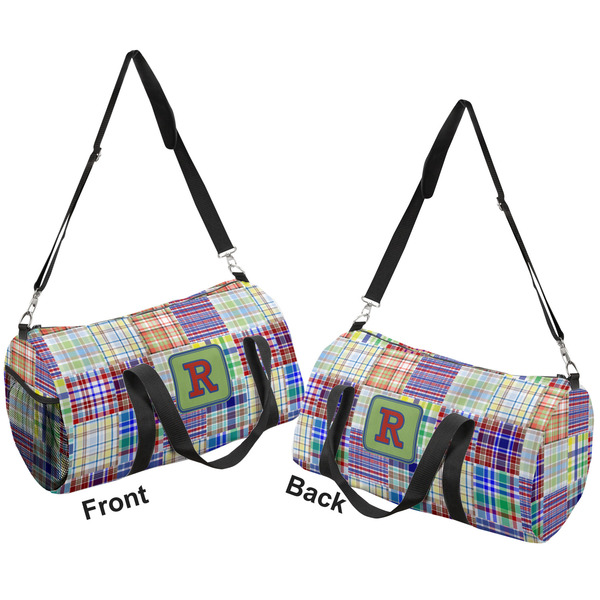 Blue Madras Plaid Print Duffle bag large front and back sides
