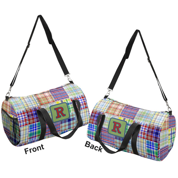 Blue Madras Plaid Print Duffle bag small front and back sides